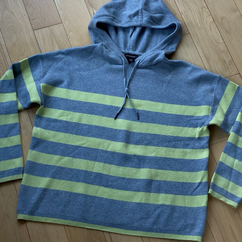 Cynthia Rowley Knit Hoodie Sweater XL Gray Green Striped Lightweight Pullover